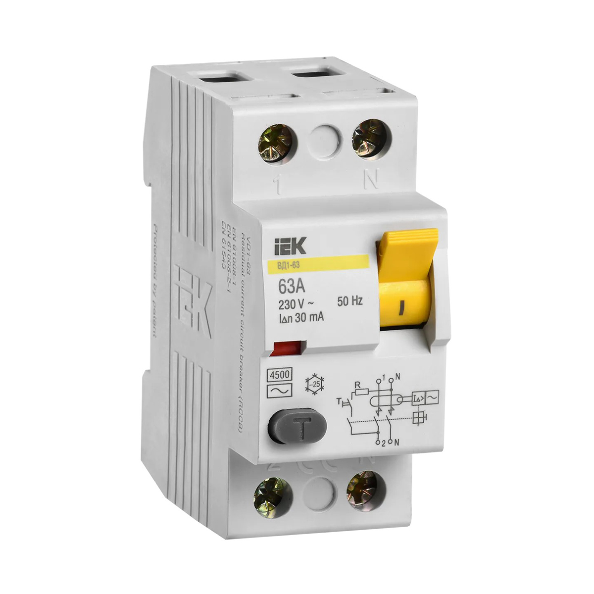 Устройство защитного отключения узо вд1-63 2р 63а 30ма (1/48) "iek"