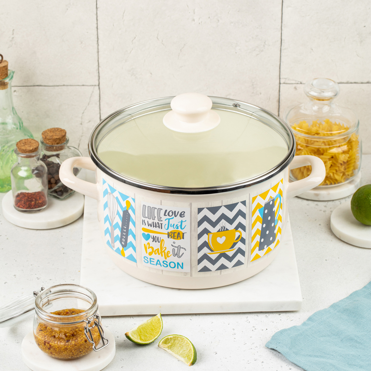 Кастрюля эмалиров. "кантри" 5 л, 22 см стекл. крышка (1/4) "metrot"