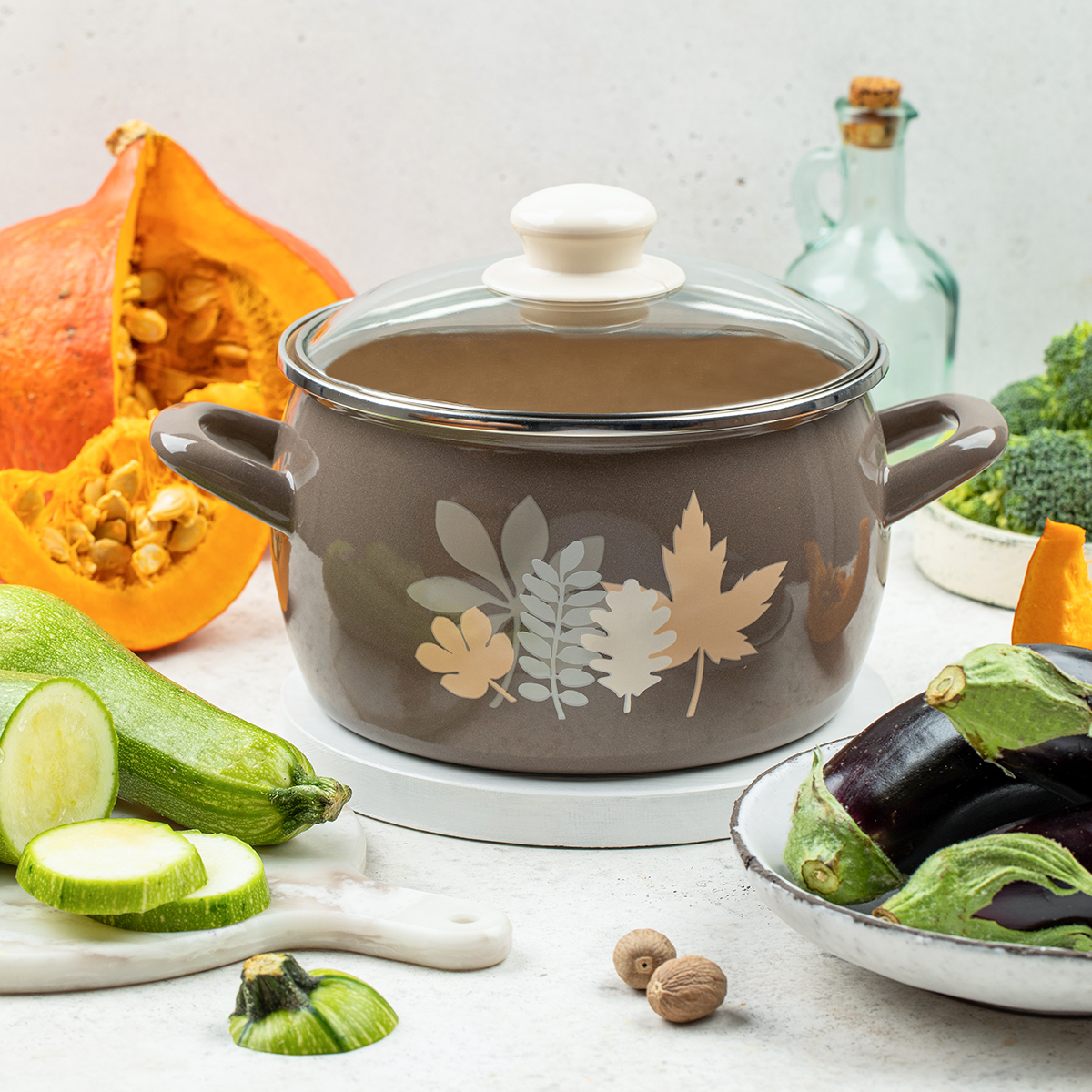 Кастрюля эмалиров. "осенняя соната" 7,9 л, 24 см стекл. крышка (1/4) "metrot"