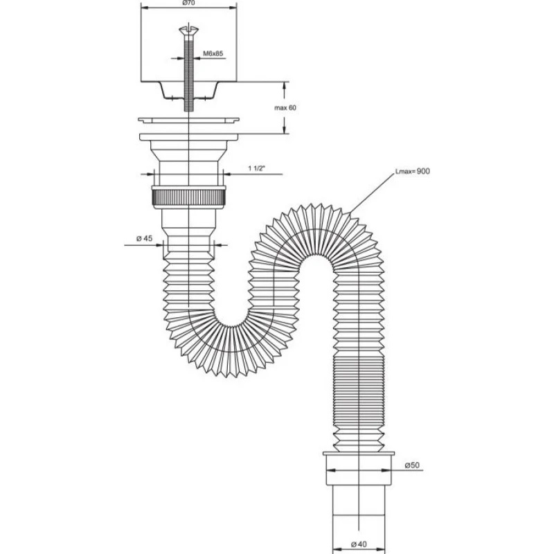 Сифон гофрированный Элит 1 1/2 х 50/40 мм, нерж. чашка D70 мм, удлинён. L1200 мм WIRQUIN