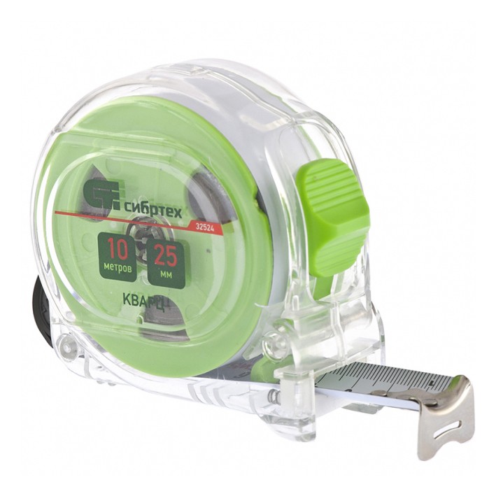 Рулетка Кварц, прозрачный корпус, амортизатор, 10 м х 25 мм Сибртех (32524)