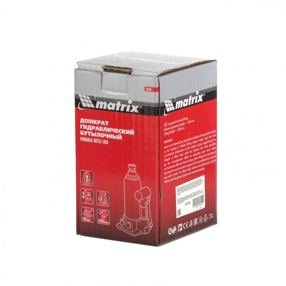 Домкрат гидравлический бутылочный, 2 т, h подъема 158-308 мм Matrix (50760)