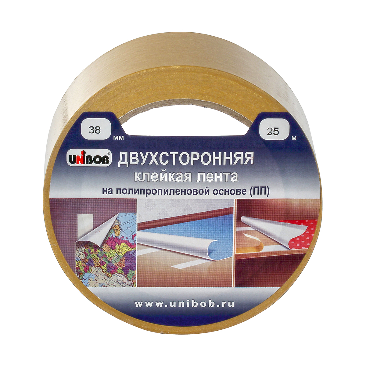 Лента клейкая двусторонняя 38 мм х 25 м (полипропилен) (48) "unibob"
