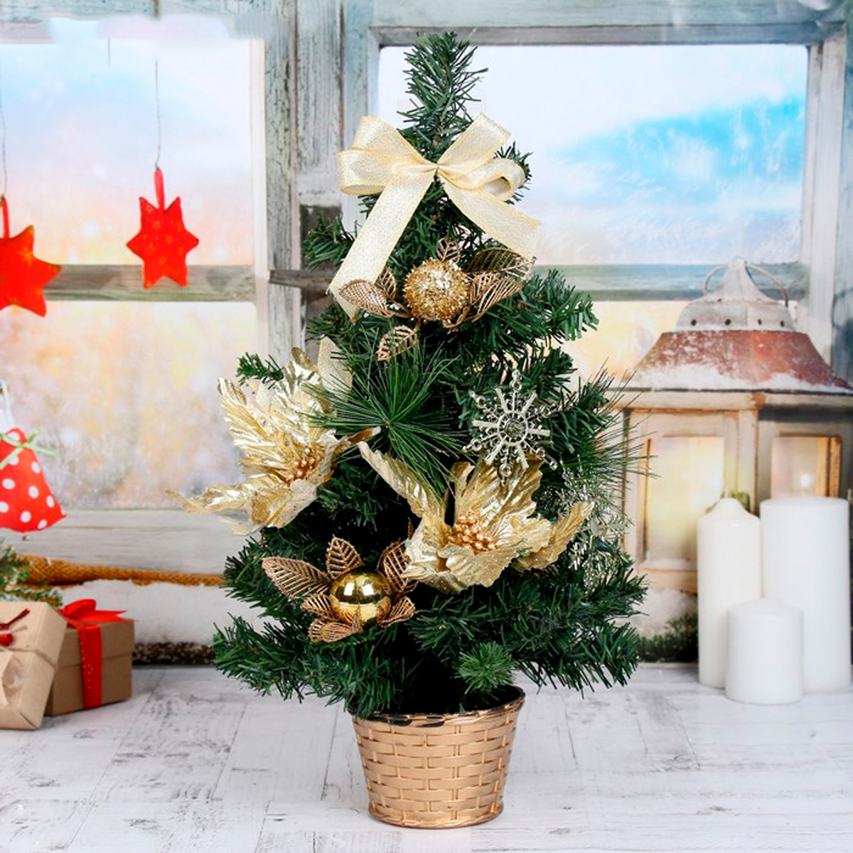 Ель декор. 50 см (зеленая, украшения золото) "зимнее волшебство" 706041