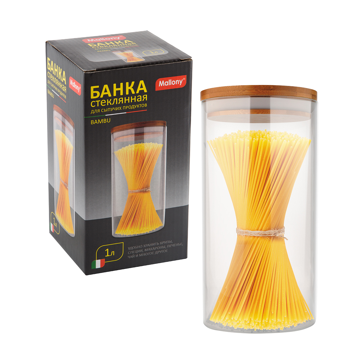 Банка для сыпучих продуктов "bambu" 1 л стекло, крышка бамбук (1/30) "mallony"