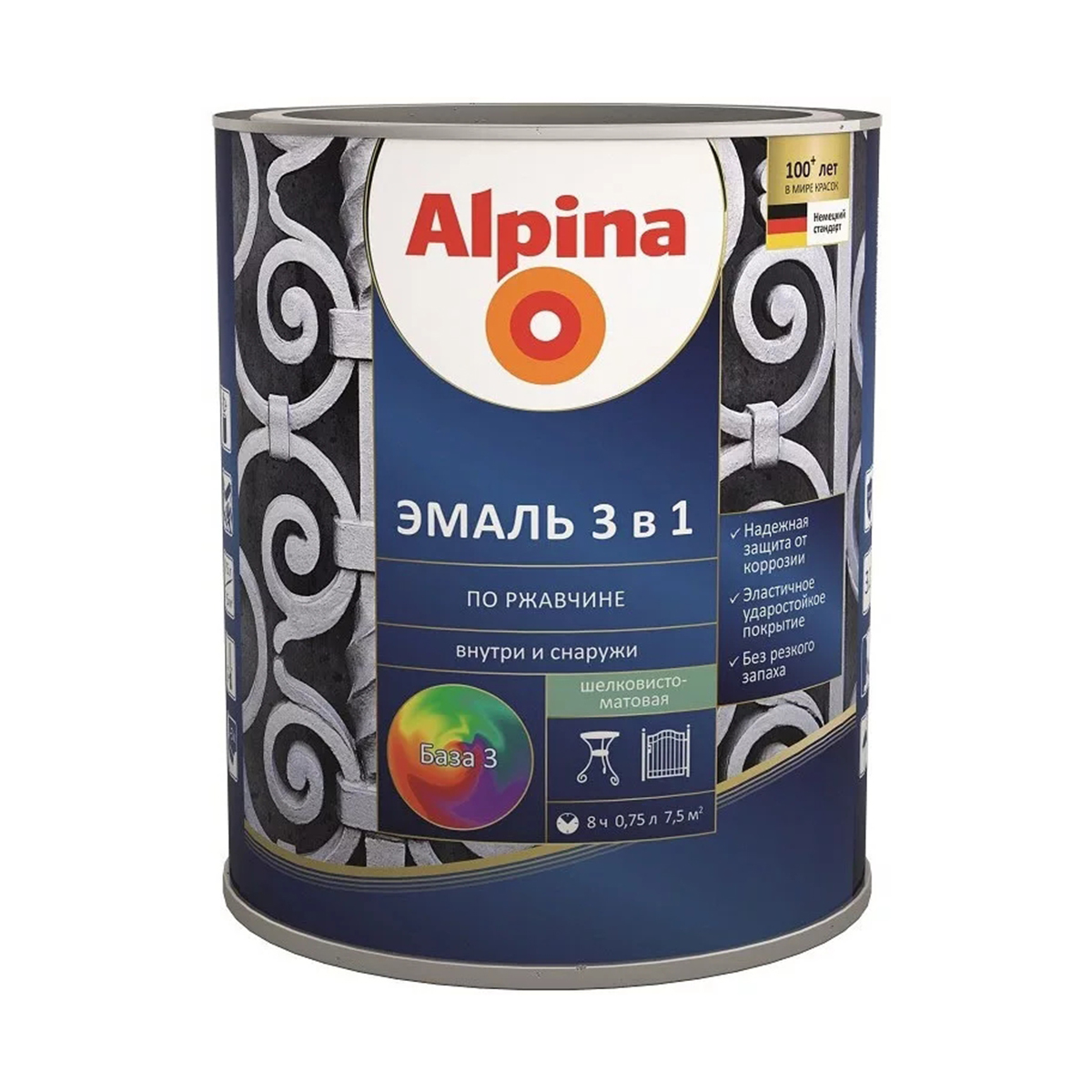 Грунт- эмаль по ржавчине 3 в 1 база 3 (бесцветная) 0,75 л (1/6) "alpina"