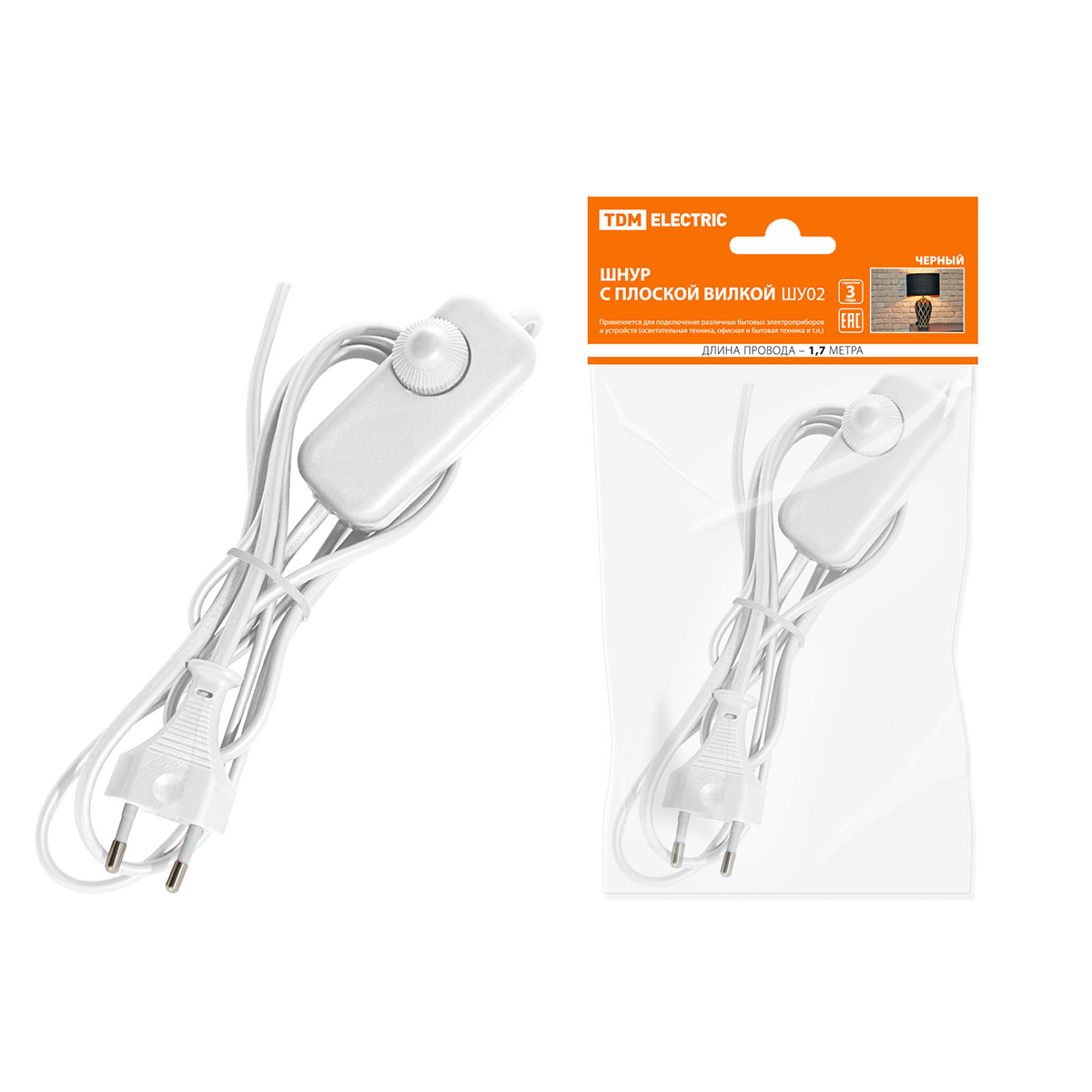 Шнур шввп 2 х 0,75 мм² 2 м, плоск. вилка, светорегулятор шу05с1, белый (1/80) tdm sq1305-0051