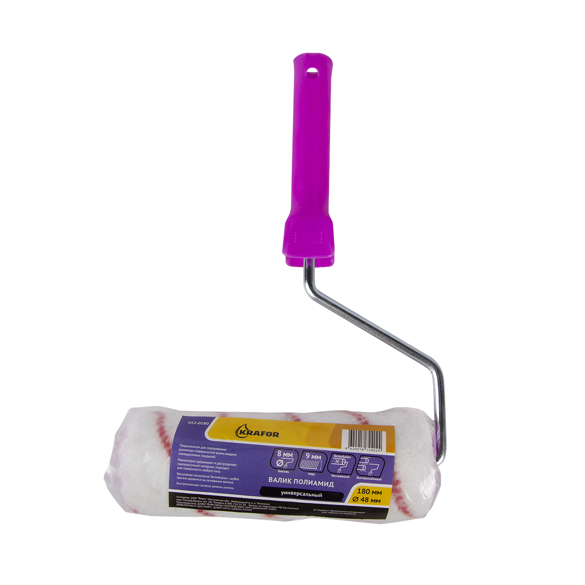 Валик полиамид  d48/180 мм (ворс 9 мм) бюгель 8 мм (в сборе) (1/36)  "krafor" 012-0180