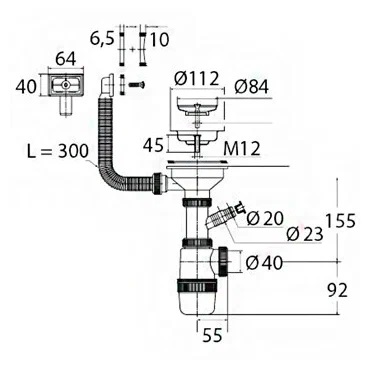 Сифон Эконом 1 1/2 х 40 мм с круглым и прямоугольным переливом L300 мм, нерж. решетка эконом D114 мм