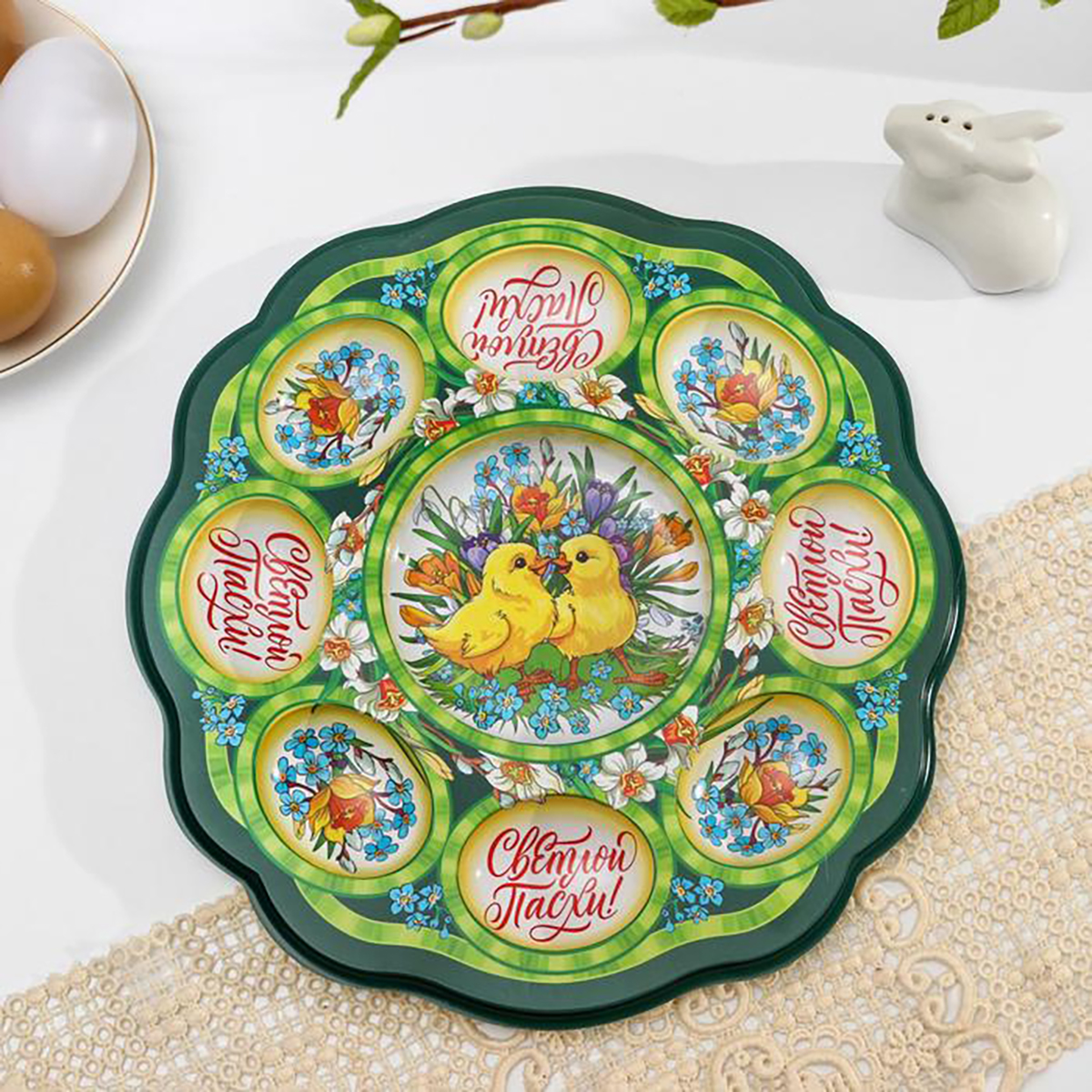 Блюдо для кулича и 8 яиц "цыплята в цветах" пласт. 24*25 см (1) 5244497
