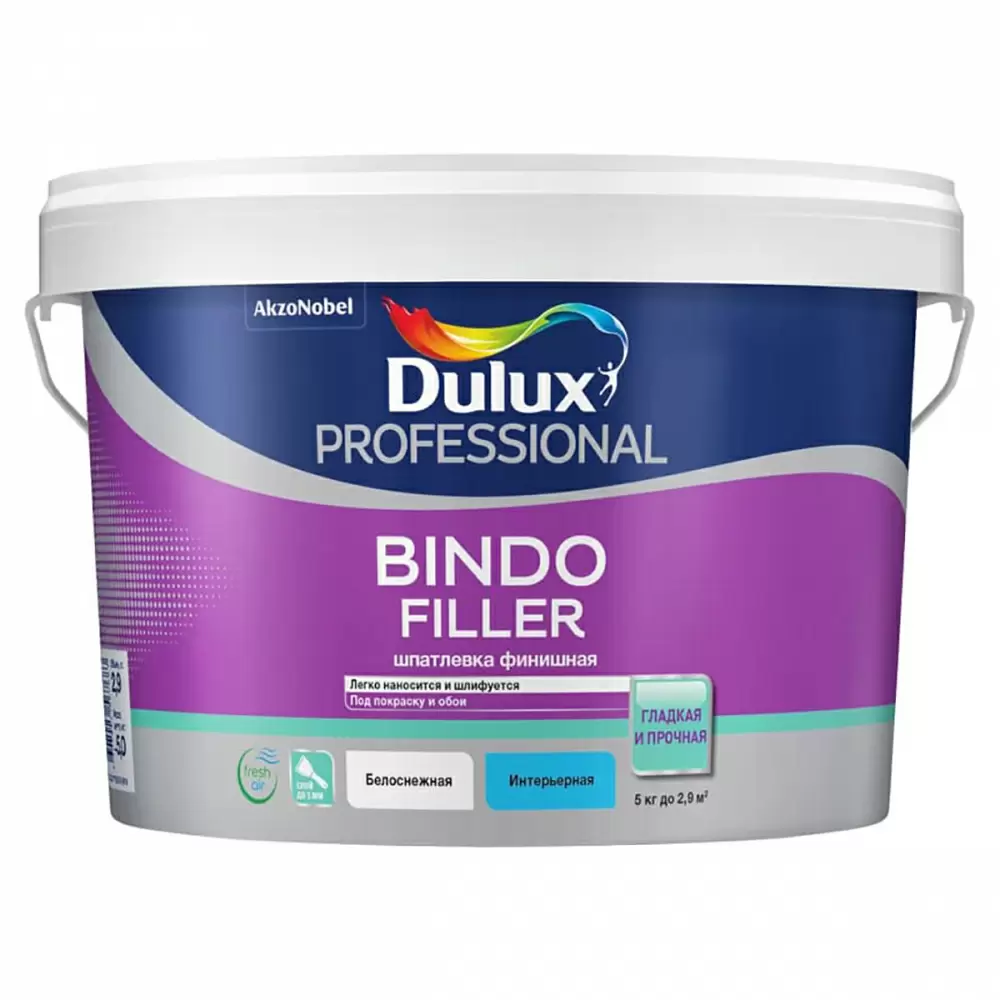 DULUX BINDO FILLER шпаклевка финишная, колеруемая, безусадочная под покраску и обои (5кг)
