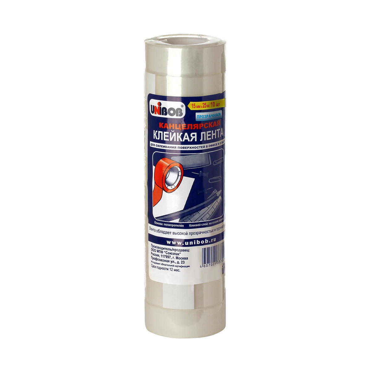 Скотч канцелярский "unibob" 15 мм х 25 м  (прозрачный) упак. 10 штук (1/42)