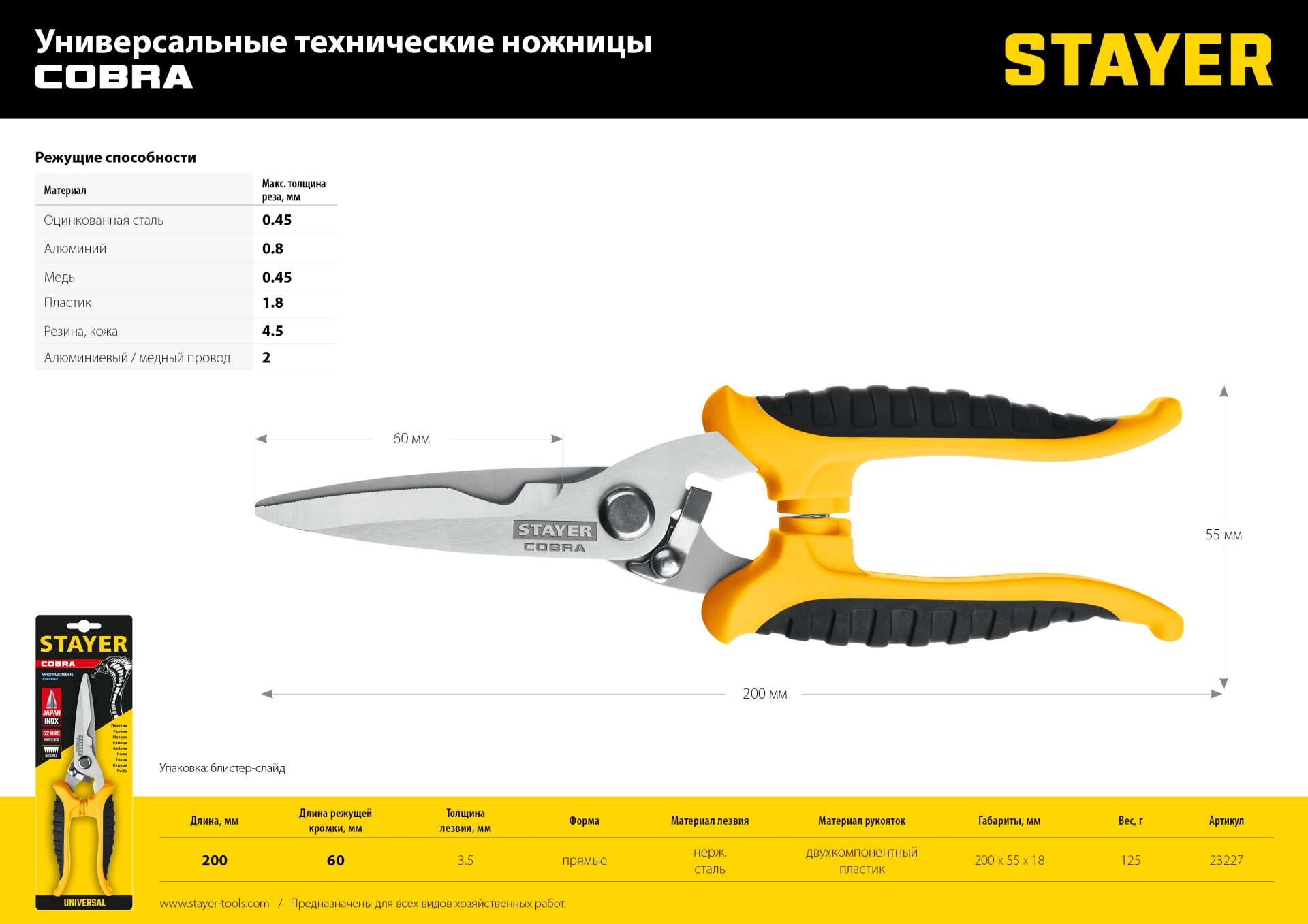 STAYER COBRA, 200 мм, Универсальные технические ножницы, Professional (23227)