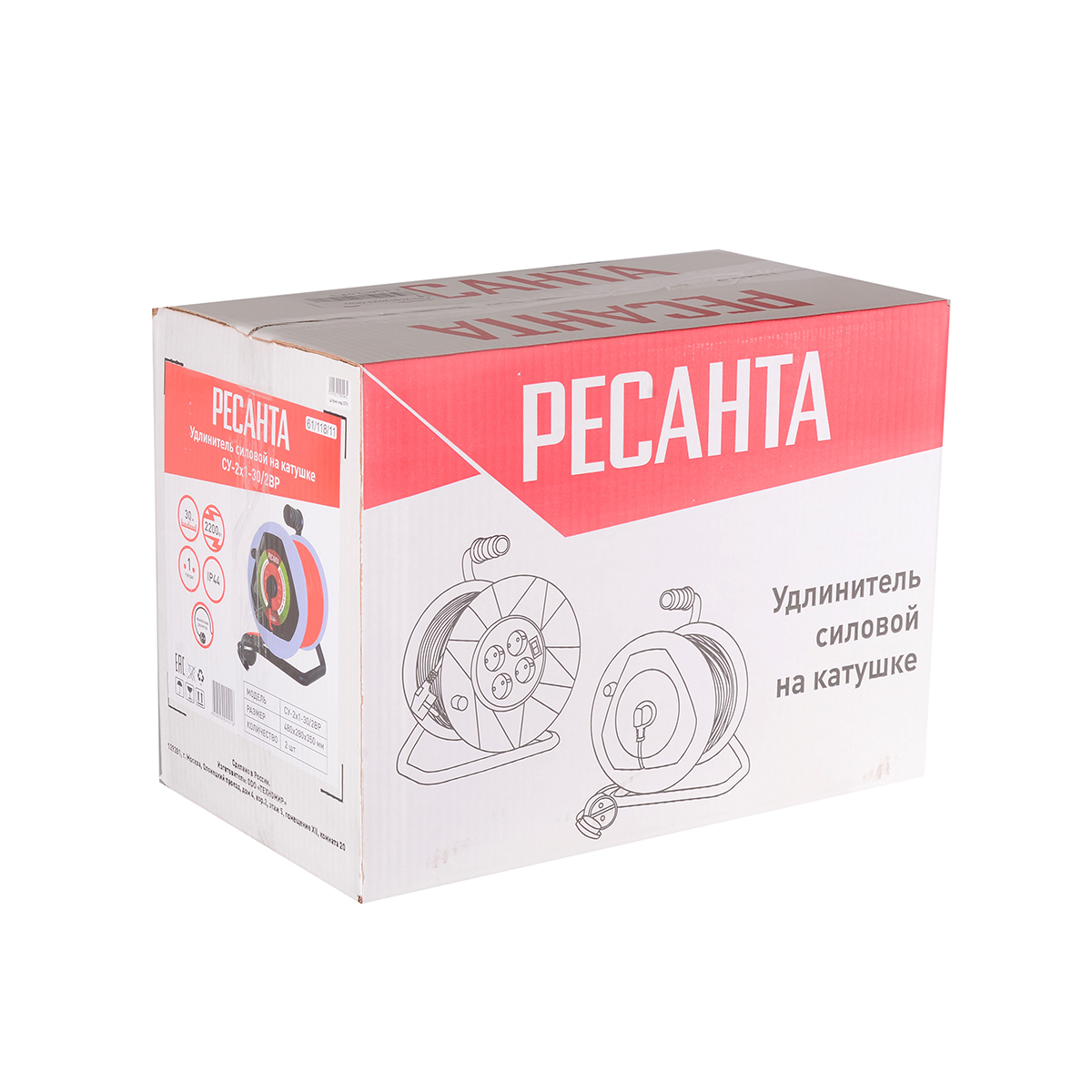 Удлинитель на катушке су-2х1-30/2вр 1 розетка, 30 м 2*1 мм (1) "ресанта"