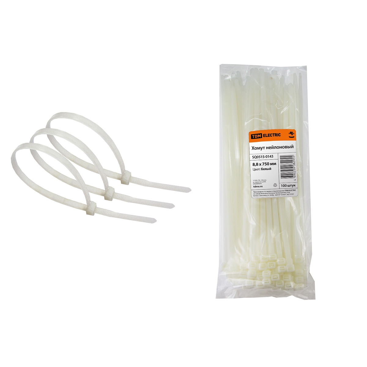 Хомуты нейлон 8,8 х 750 мм (набор 100 шт.), белые (1/15) tdm sq0515-0143