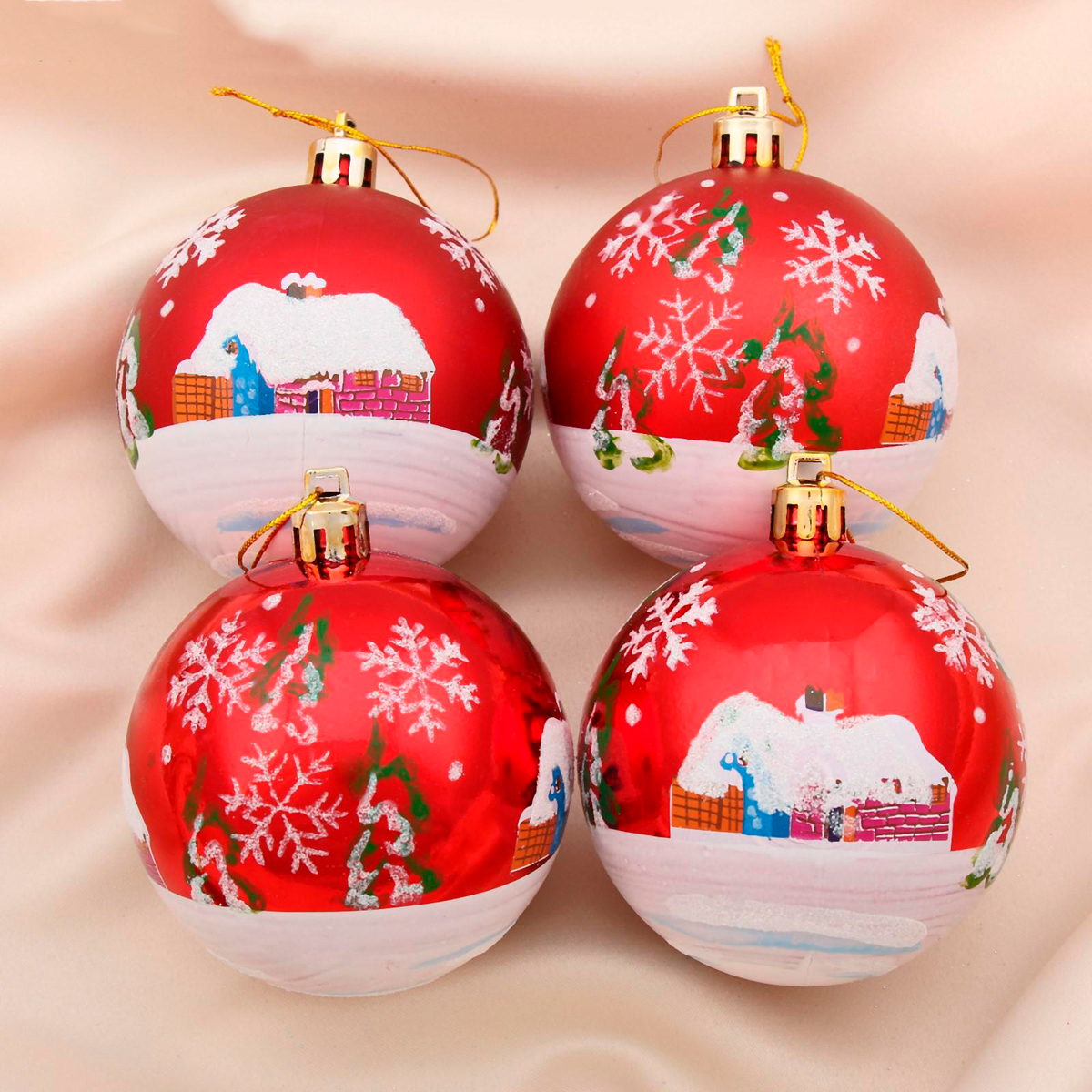 Шары новогодние d-7 см (набор 4 шт.) "избушка" красный "зимнее волшебство" 1332602