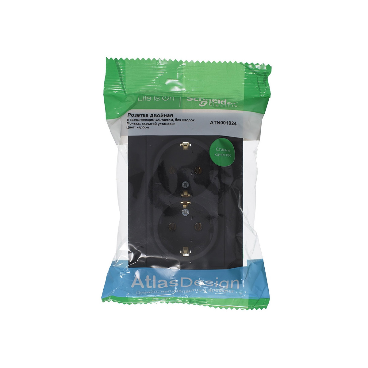 Розетка "atlasdesign" 2-х местн. с заземл. 16а, карбон (1/6/36) "schneider"