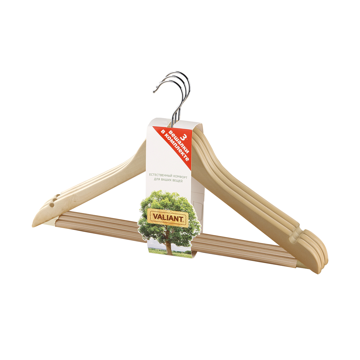 Вешалки для одежды дерев. с нескольз. перекладиной (3 шт.) натур. (1/36) "valiant" 13001s