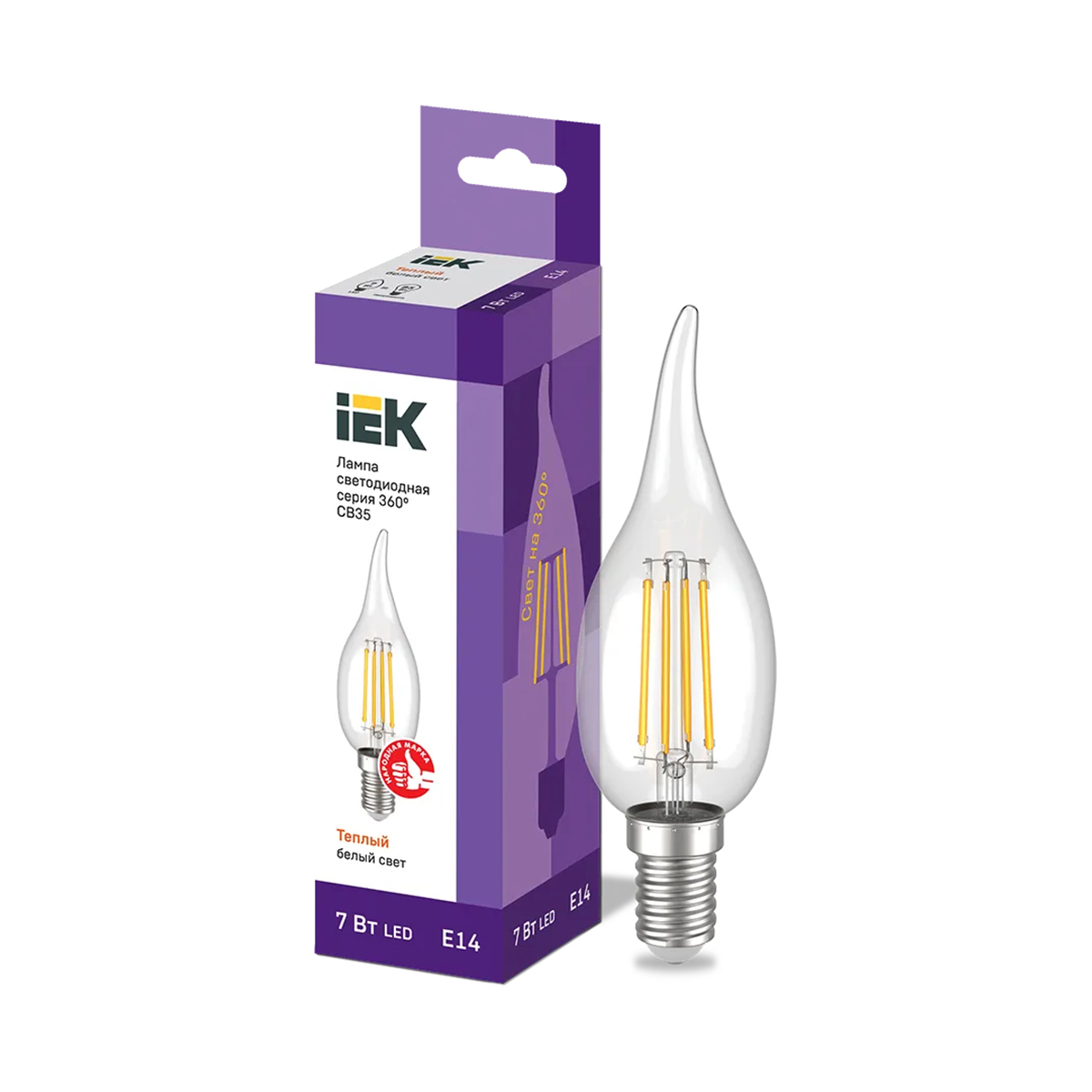 Лампа светодиодная (led) "iek" cв35 свеча на ветру 07w 3000 к e14 серия 360°, тепл. свет (10/100)