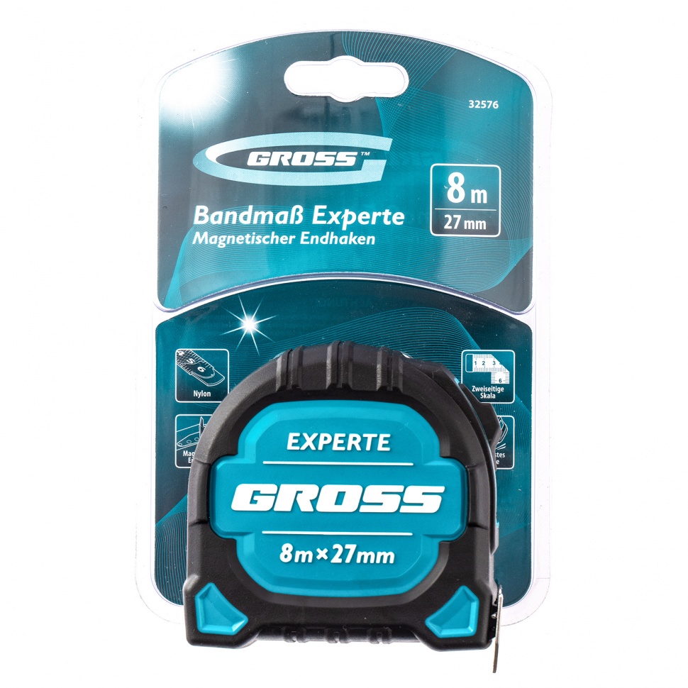 Рулетка Experte, 8 м x 27 мм, двухкомпонентный корпус, магнит, двухсторонняя разметка, нейлон Gross (32576)