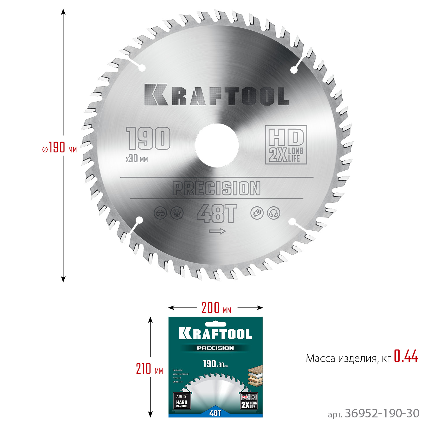 KRAFTOOL Precision, 190 х 30 мм, 48Т, пильный диск по дереву (36952-190-30)