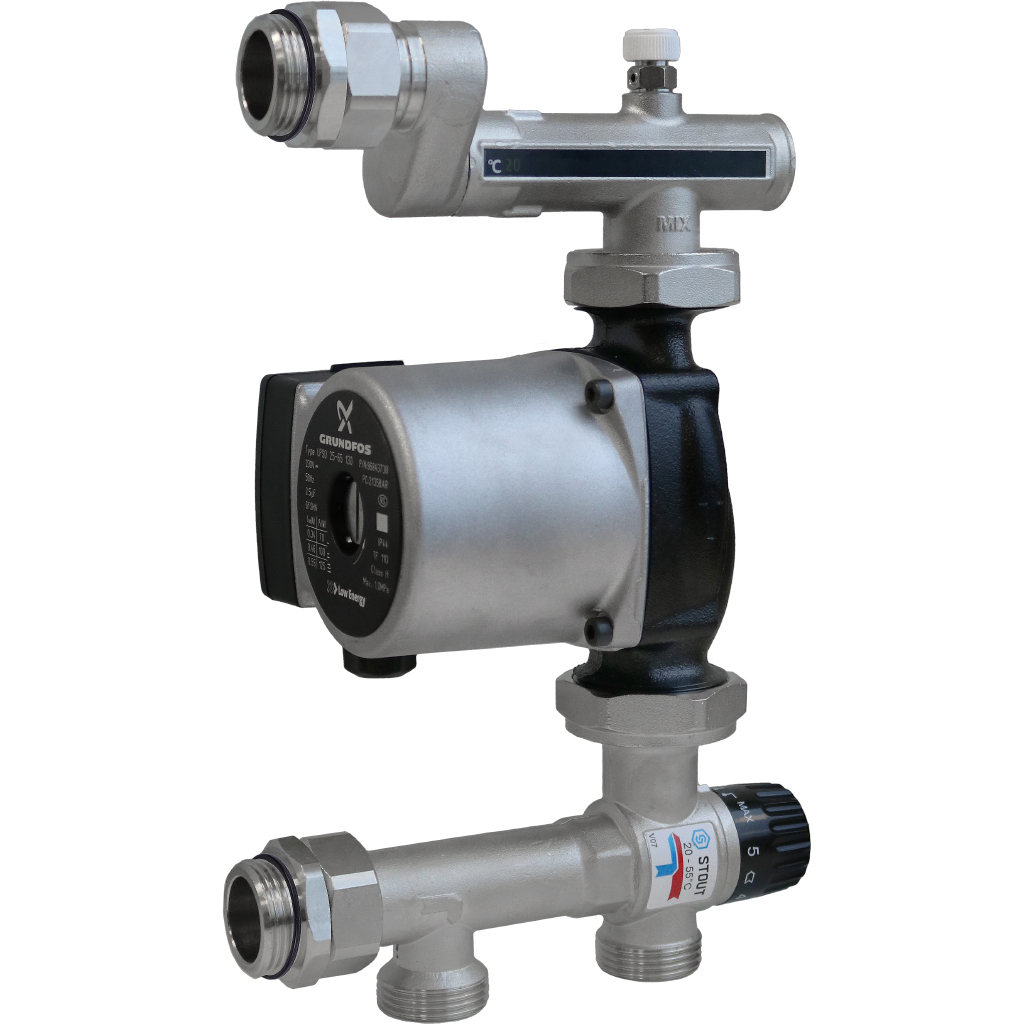 Смесительный узел STOUT 1" с термостатическим клапаном и насосом UPSO, никелированный