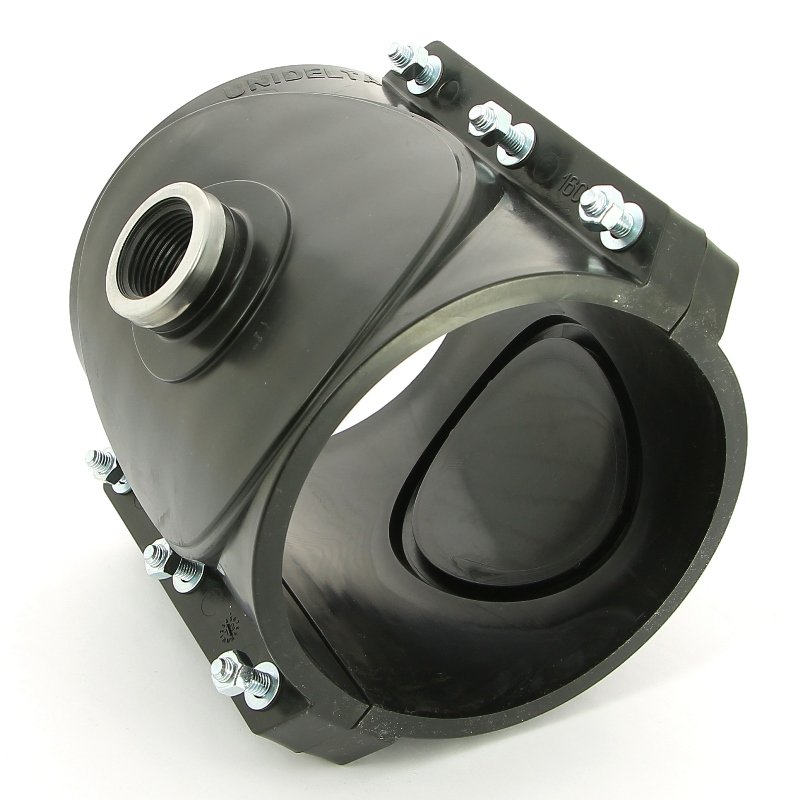 Врезка монтажная седельная 160 x 1"1/4 ВР, 6 болтов, для водопроводных труб ПНД UNIDELTA