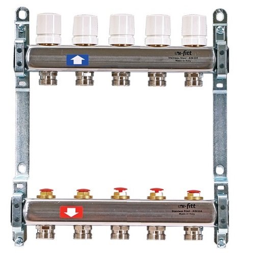 Колл. группа на 5 выходов UNI-FITT 1"x3/4" ЕК с рег. и термостатическими вентилями - нерж. сталь