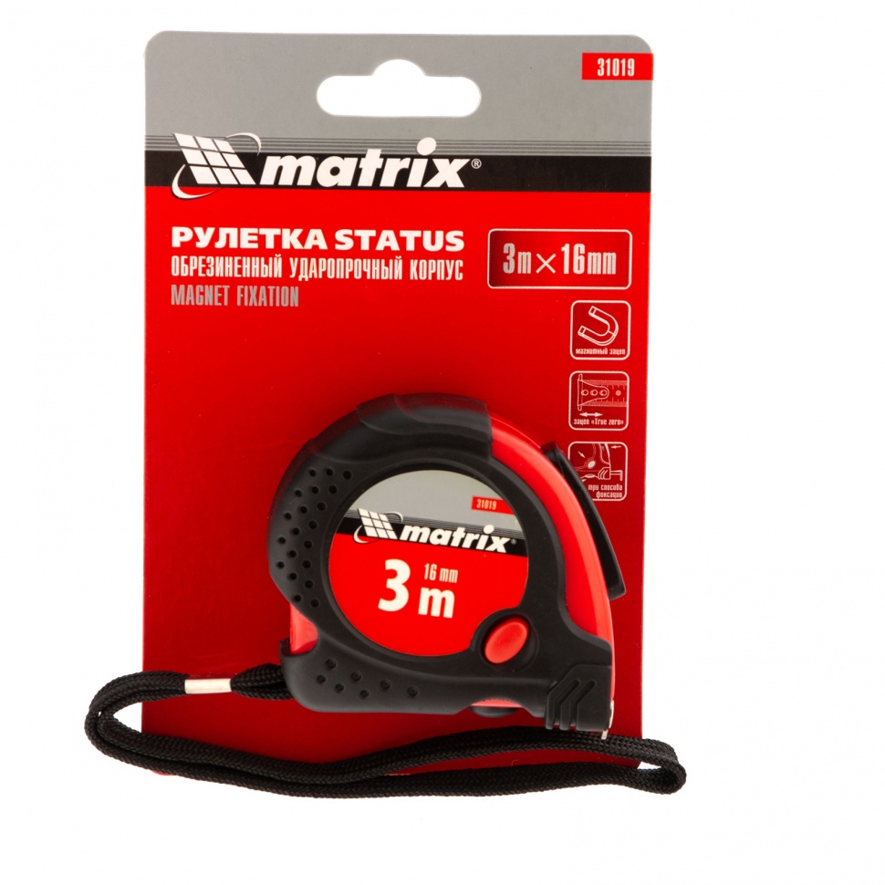 Рулетка Status Magnet fixation, 3 м х 16 мм, обрезиненный корпус, зацеп с магнитом Matrix (31019)