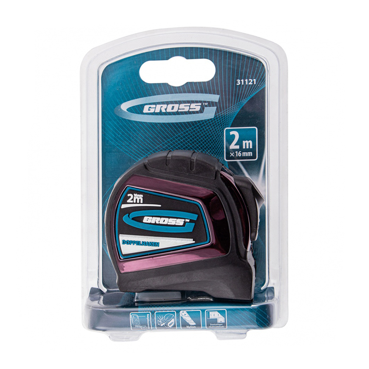 Рулетка "doppelhaken" одностор. зацеп, нейлон, двустор. шкала 2 м/16 мм (1/144) "gross"