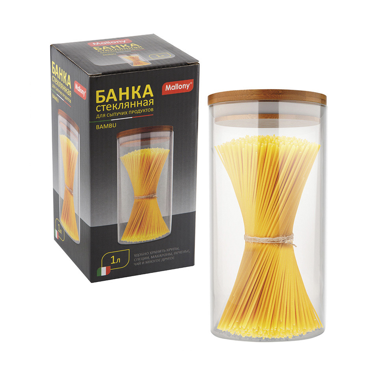 Банка для сыпучих продуктов "bambu" 1 л стекло, крышка бамбук (1/30) "mallony"