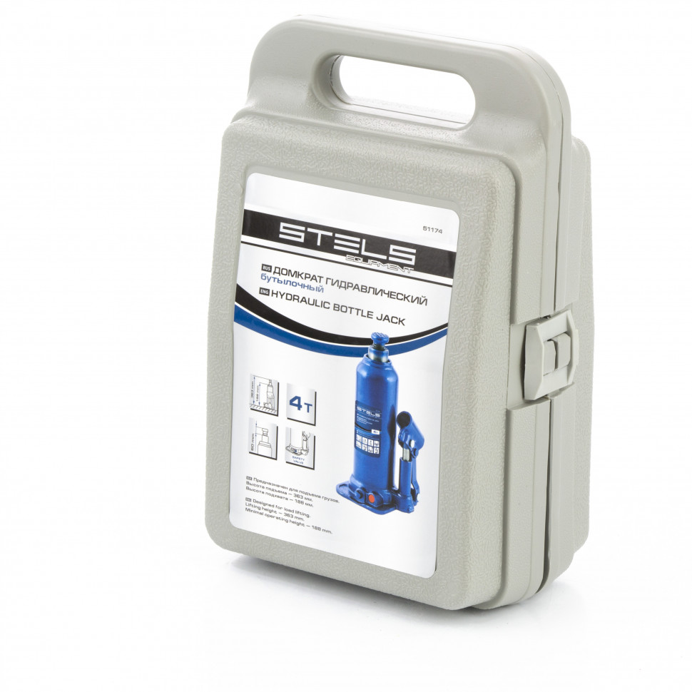 Домкрат гидравлический бутылочный, 4 т, h подъема 188-363 мм, в пластиковом кейсе Stels (51174)