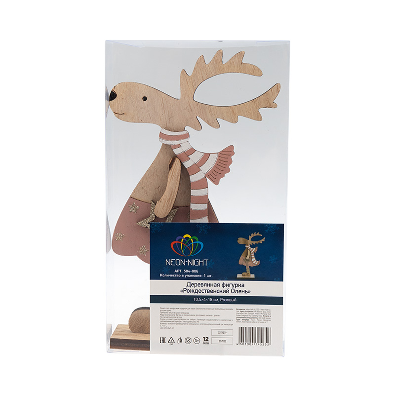 Фигурка "рождественский олень" розовый 10,5*4*18 см дерев. (1/48) "neon-night" 504-006