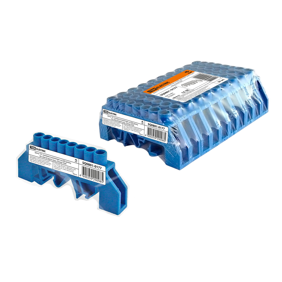 Шина "n" нулевая в изоляторе на din-рейку 8 x 12 мм  8 групп (20/400) tdm sq0801-0177