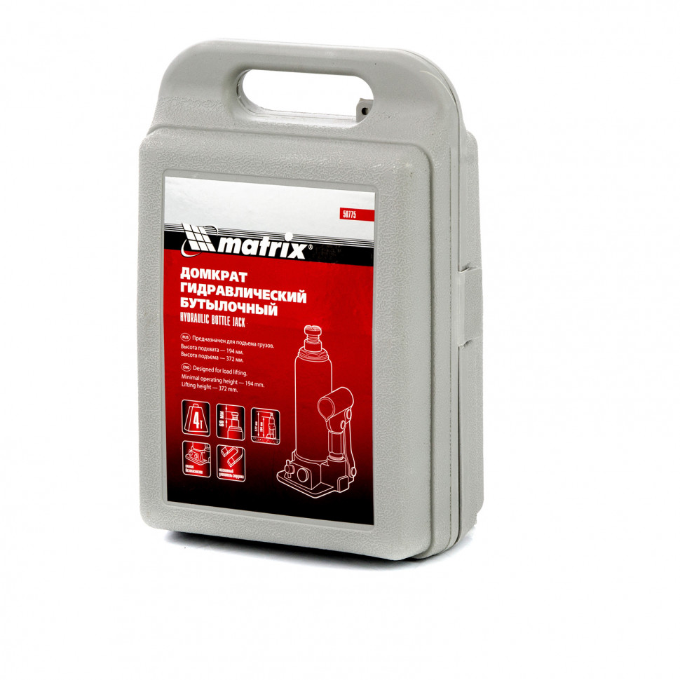 Домкрат гидравлический бутылочный, 4 т, h подъема 194-372 мм, в пластиковом кейсе Matrix (50775)
