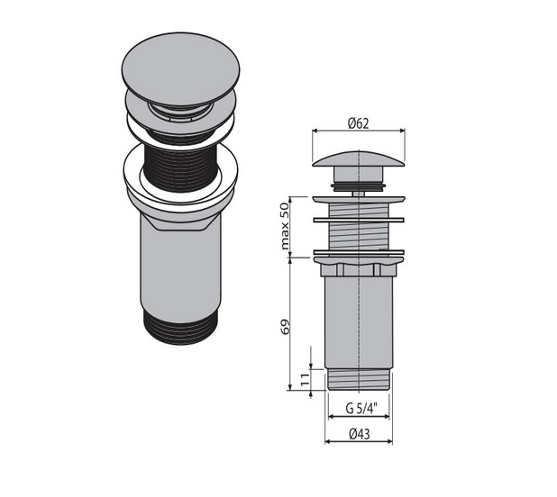 Выпуск Alcaplast 1"1/4 Click-clack без перелива металл большая пробка хром