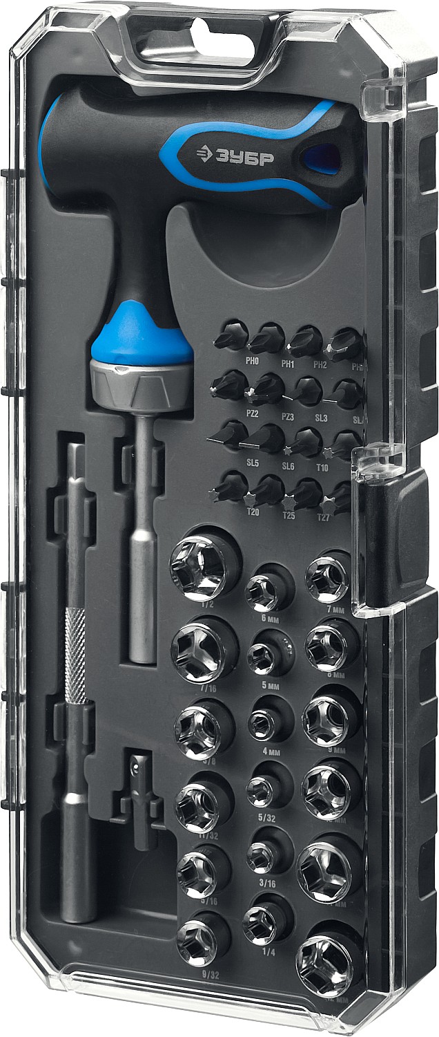 ЗУБР Профессионал набор 38 шт: отвертка реверсивная с насадками