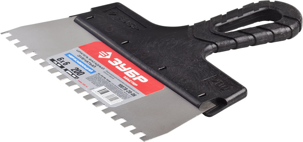 ЗУБР 200 мм, зуб 6 х 6 мм, зубчатый пластиковая ручка, нержавеющий, фасадный шпатель (10078-20-06)