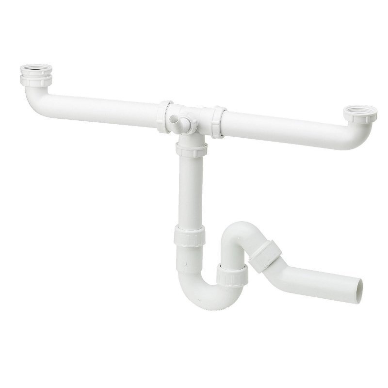 Сифон для двойных моек 1"1/2 х 40 межцентравое 180 х 600, с универ. отводом, штуцер для шланга 40