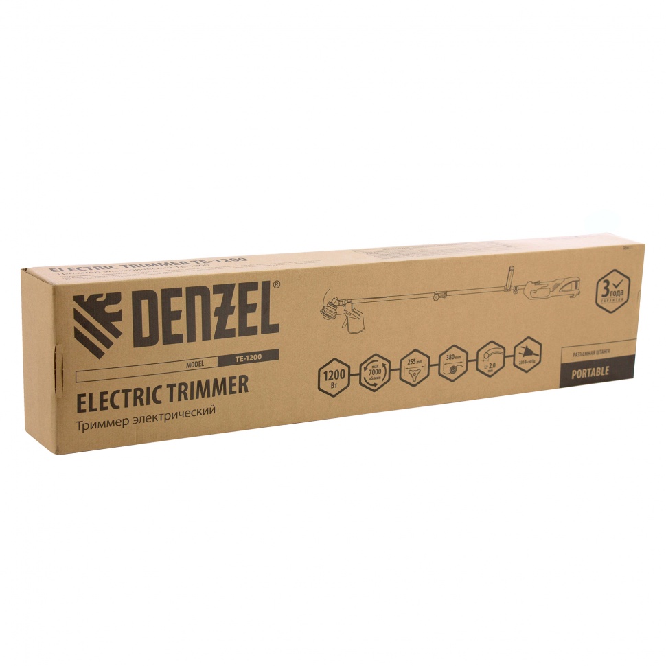 Триммер электрический TE-1200, 1200 Вт, 380 мм, катушка + диск, разборная штанга Denzel (96611)