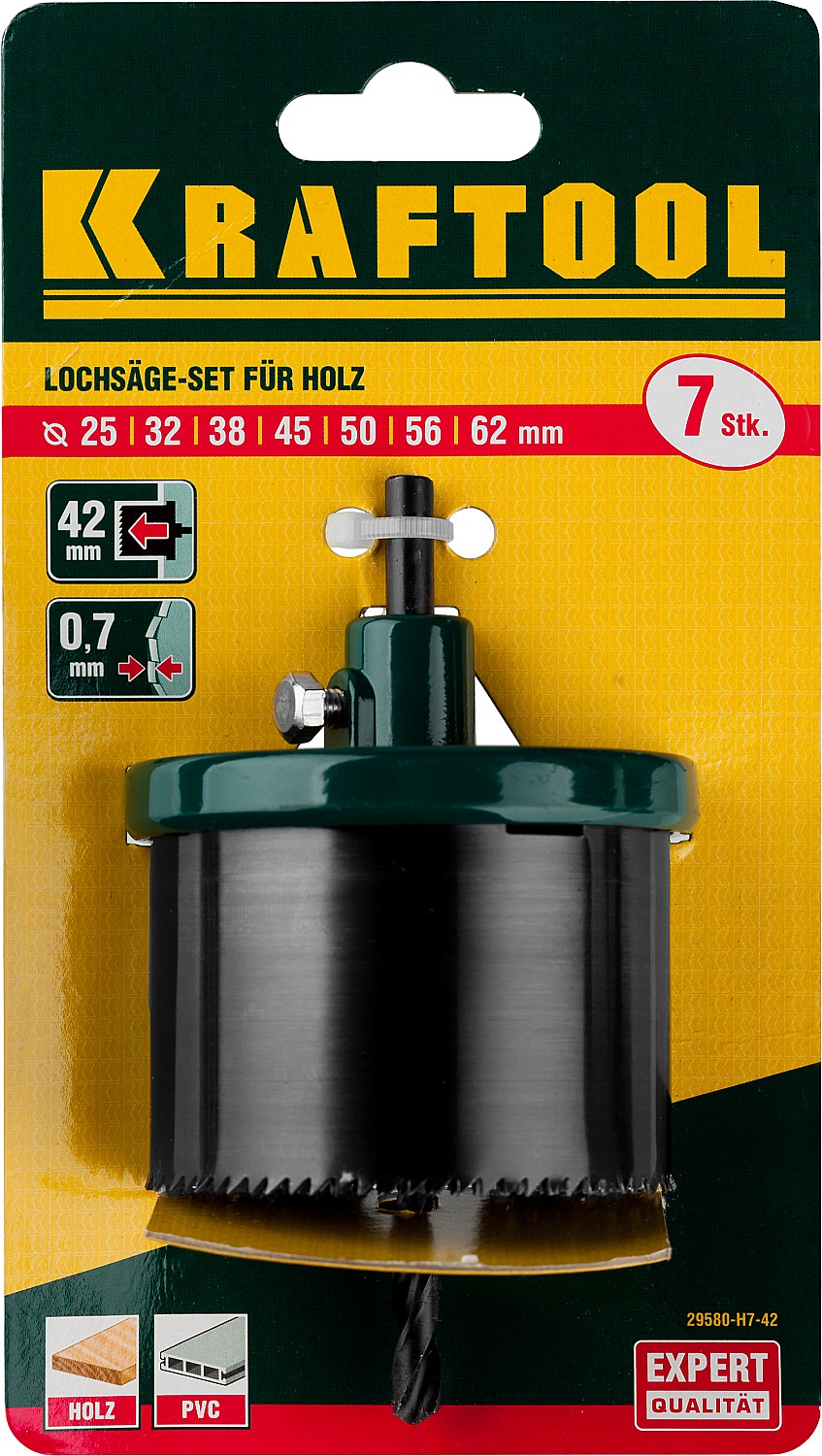 KRAFTOOL 7 шт, (25-32-38-45-50-56-62 х 42 мм), наборная кольцевая пила по дереву (29580-H7-42)