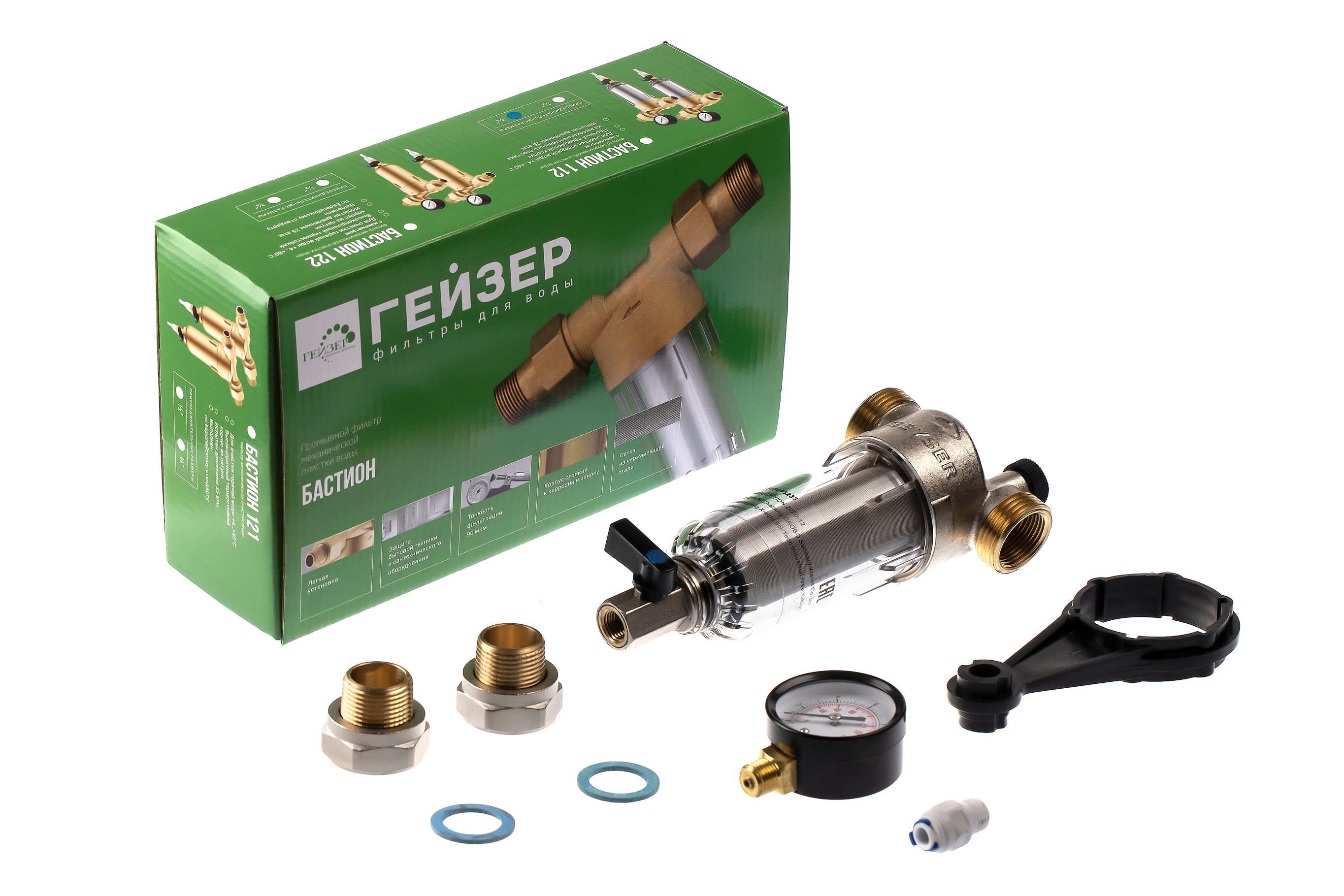 Фильтр магистральный промывной Гейзер Бастион 112 3/4" для ХВС с манометром