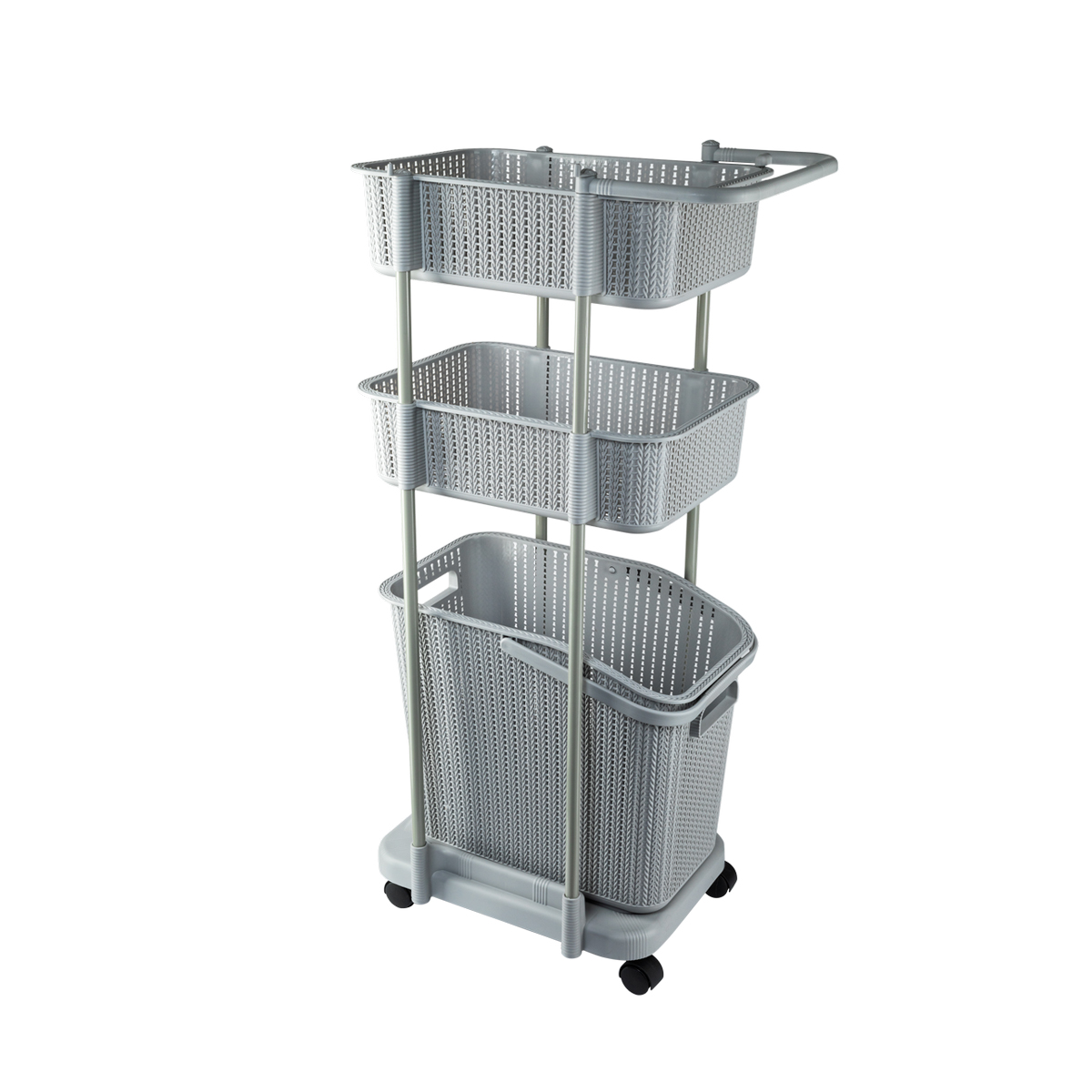 Этажерка на колесах 30*42*99 см, 2 корзины + полка + корзина пласт. (серый) (1) "swensa" swfl-1079