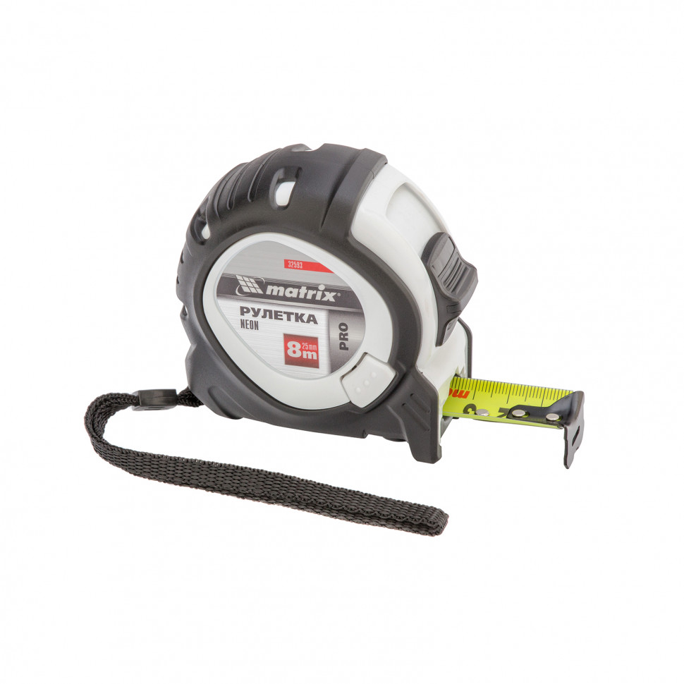 Рулетка Neon, 8 м x 25 мм, обрезиненный корпус, 3 фиксации, Pro Matrix (32593)