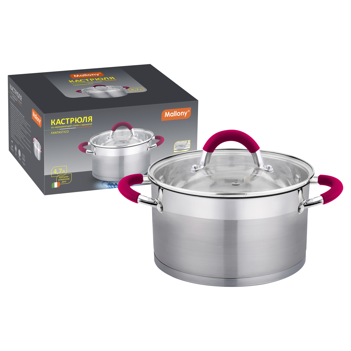 Кастрюля нержав. "fantastico" 4,7 л стекл. крышка, 22*12,5 см (1/6) "mallony"