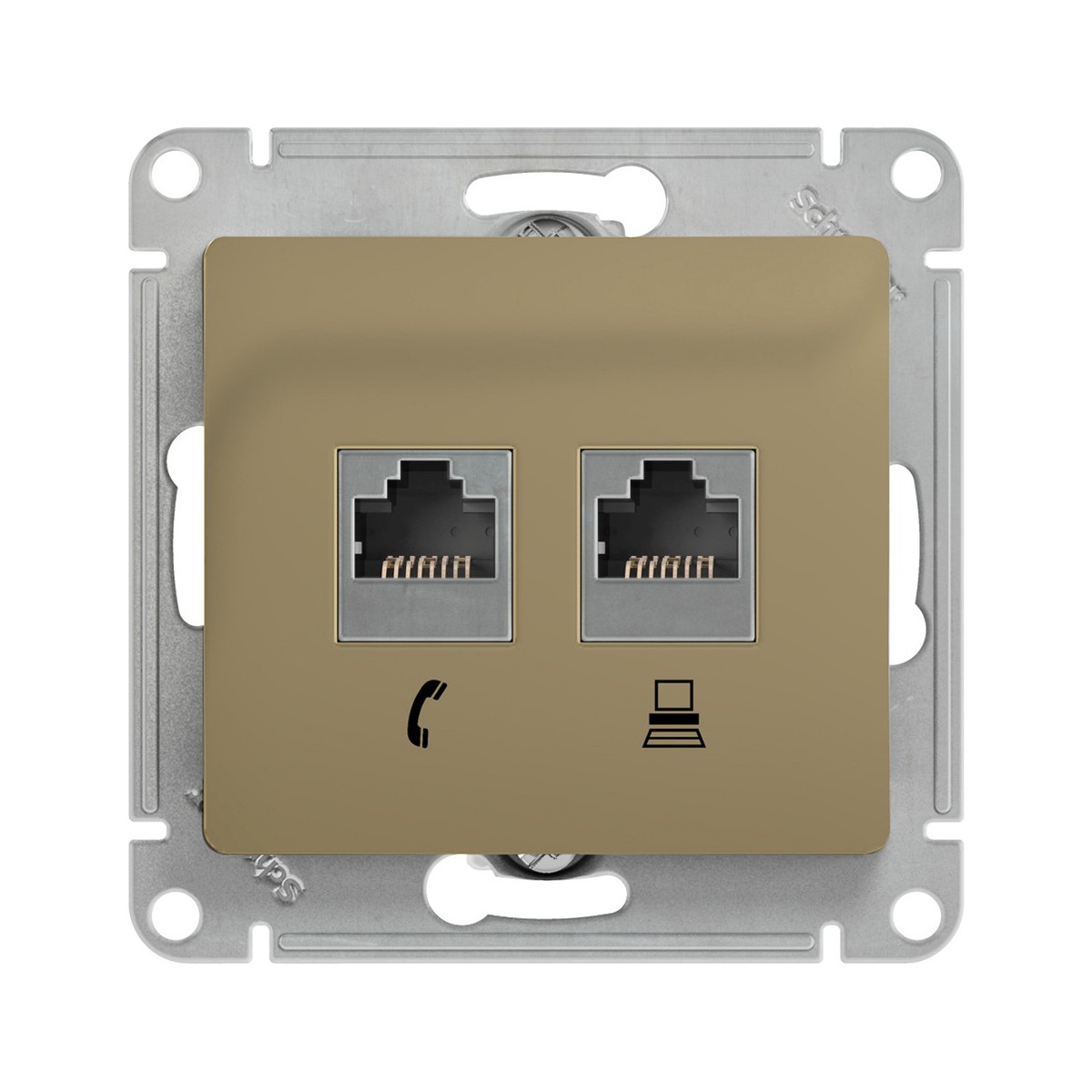 Розетка компьютерная и телеф. "glossa" 2-х местн. rj11+rj45 (механ.) титан (1/10/160) "schneider"