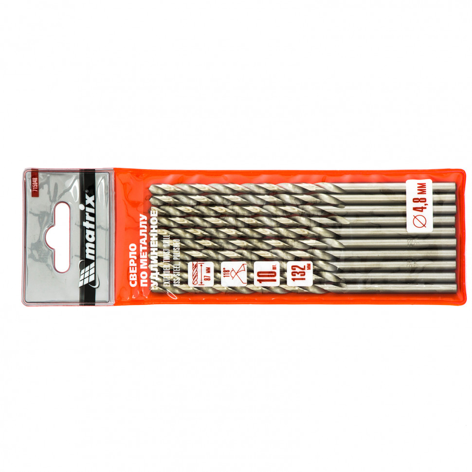 Сверло по металлу 4.8 х 132 мм, полированное, удл, HSS, 10 шт, цилиндрический хвостовик Matrix (715048)