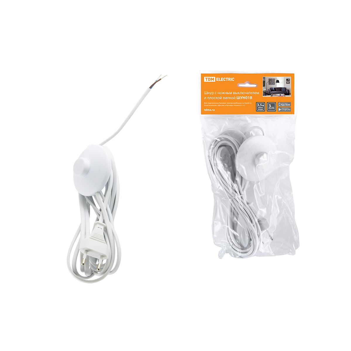 Шнур шун01в шввп 2 х 0,75 мм² 3,5 м, ножной выключ., плоск. вилка, белый (1/80) tdm sq1305-0061