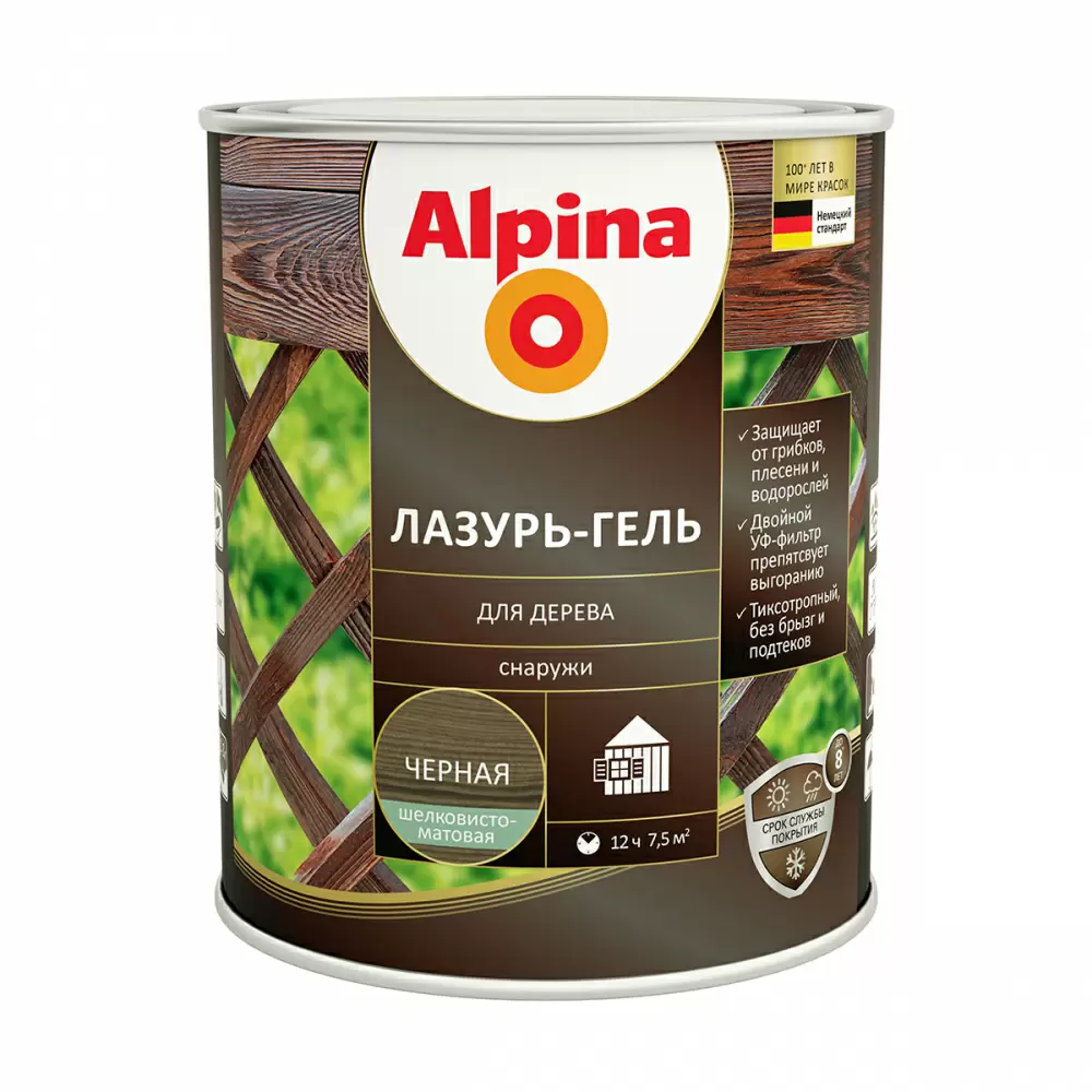 ALPINA лазурь-гель для дерева шелковисто-матовый, черный (0,75л)