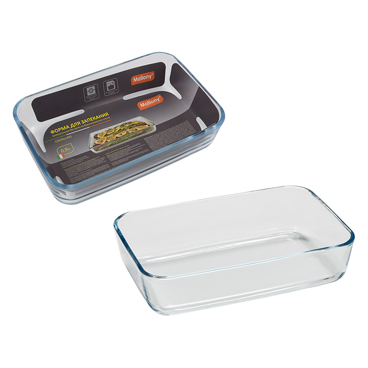 Форма для запекания стекл. "cristallino" 0,9 л, прямоуг., без ручек (1/24) "mallony"